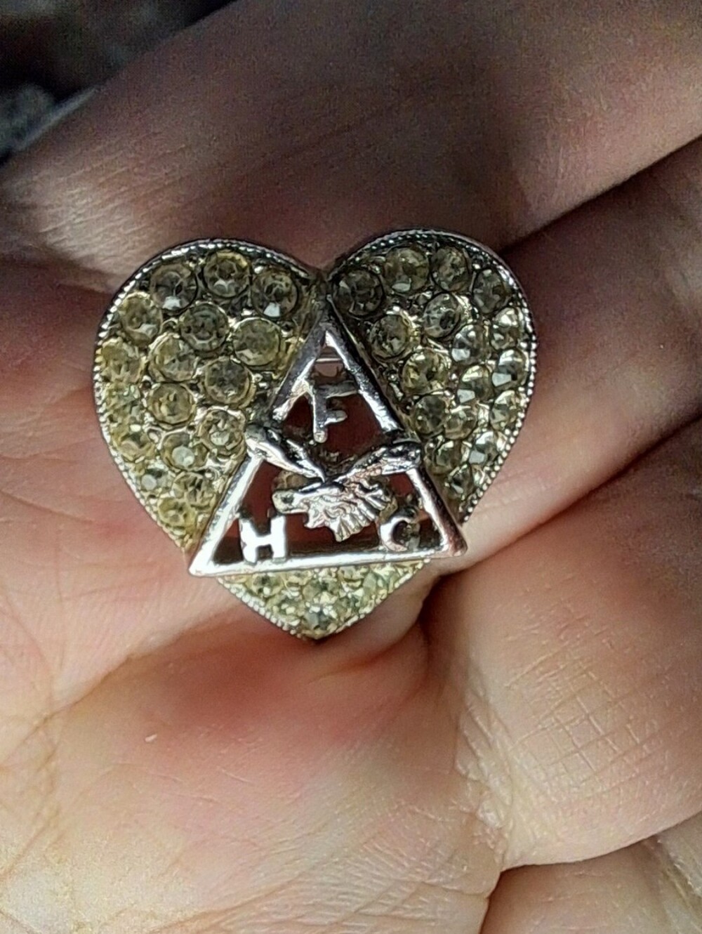 Vintage FHC Fraternal Triangle Heart Brooch w/ Rhinestones